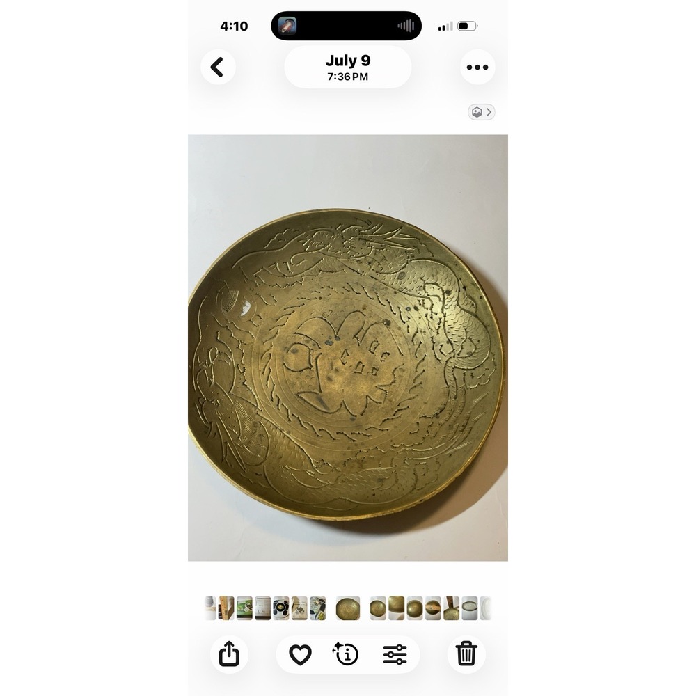 Engraved Brass Bowl Double Dragon Design Asian China Vintage